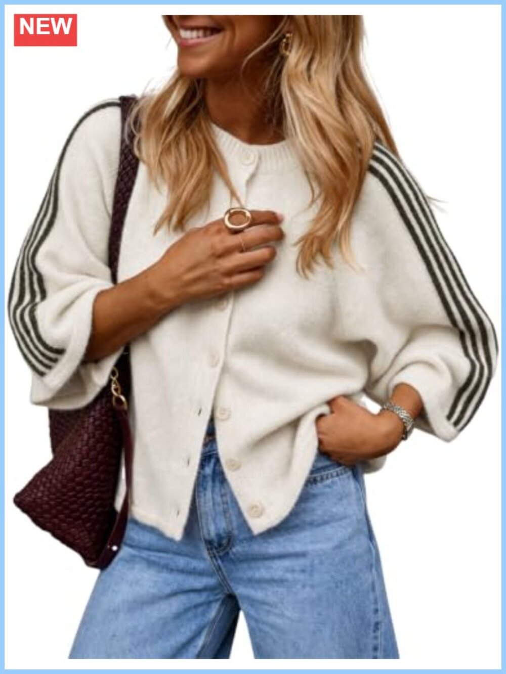 Oversized Striped 3/4 Sleeve Button Cardigan Sweater